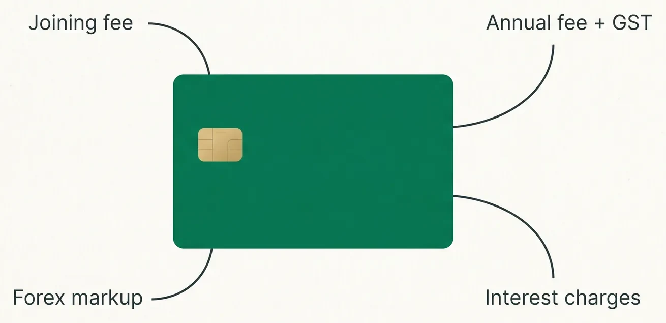 The main credit card costs: joining fee, annual fee plus GST, forex markup and interest charges