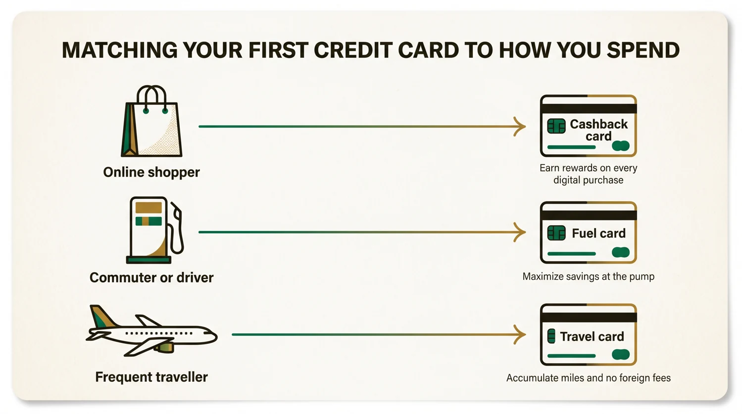 Match your first card to how you spend: online shoppers to a cashback card, drivers to a fuel card, travellers to a travel card