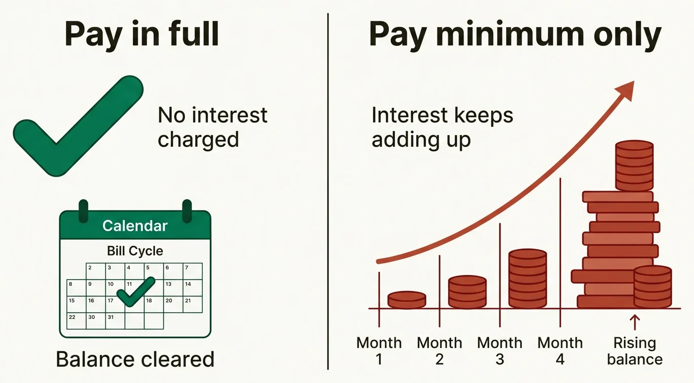 Pay in full and no interest is charged; pay only the minimum and interest keeps adding up month after month