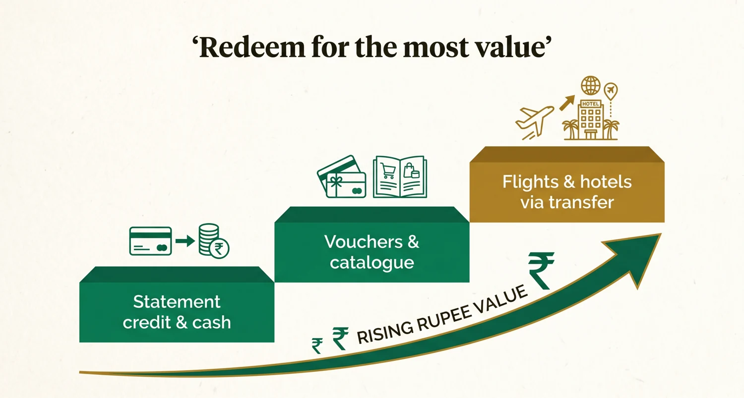Redeem for the most value: statement credit and cash at the bottom, vouchers in the middle, flights and hotels via transfer at the top